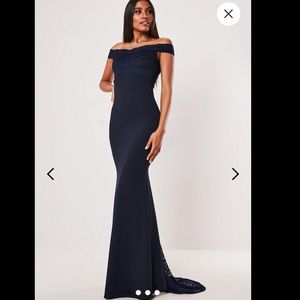 Missguided Navy blue Bardot gown with lace train